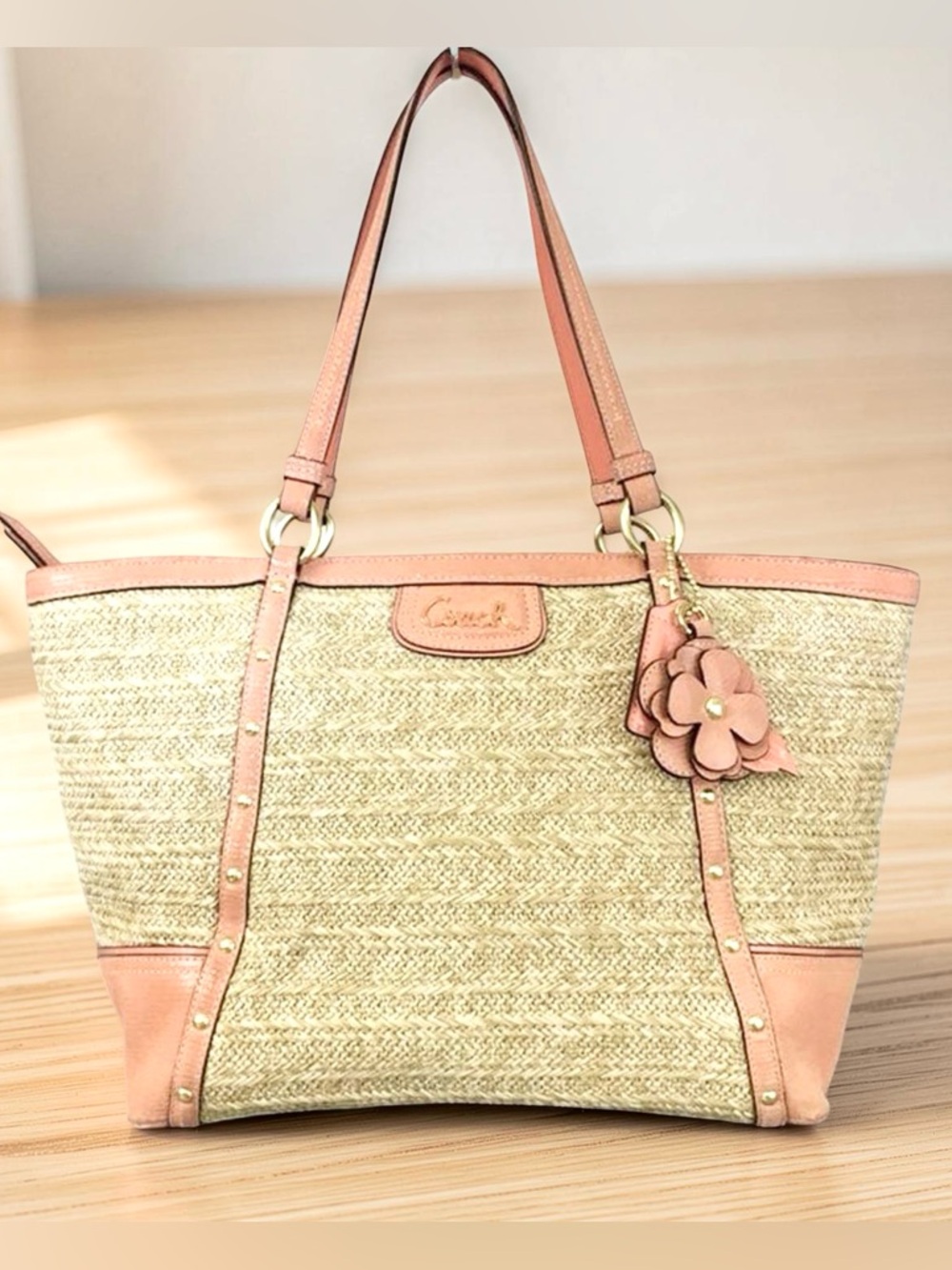 Coach Alexandra raffia with leather Coral Trim with Flower Charm & logo charm